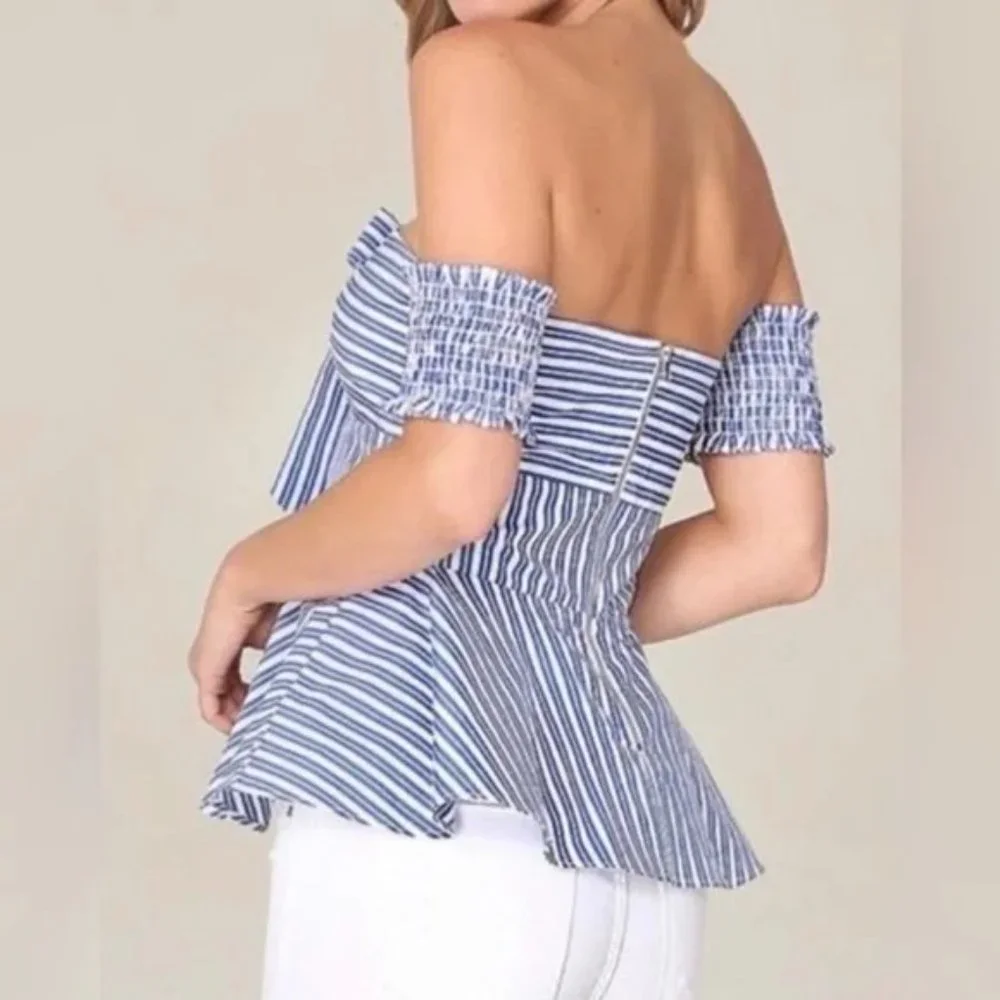 NWT Peplum Blue White, Off the shoulder Corset Bustier Top with Bow Bebe - Picture 3 of 6